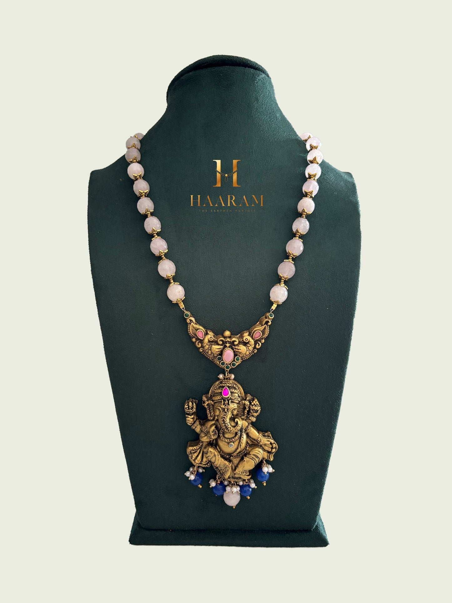 Handcrafted terracotta necklace with Ganesha pendant and white beads – HaarambyYashh temple jewelry