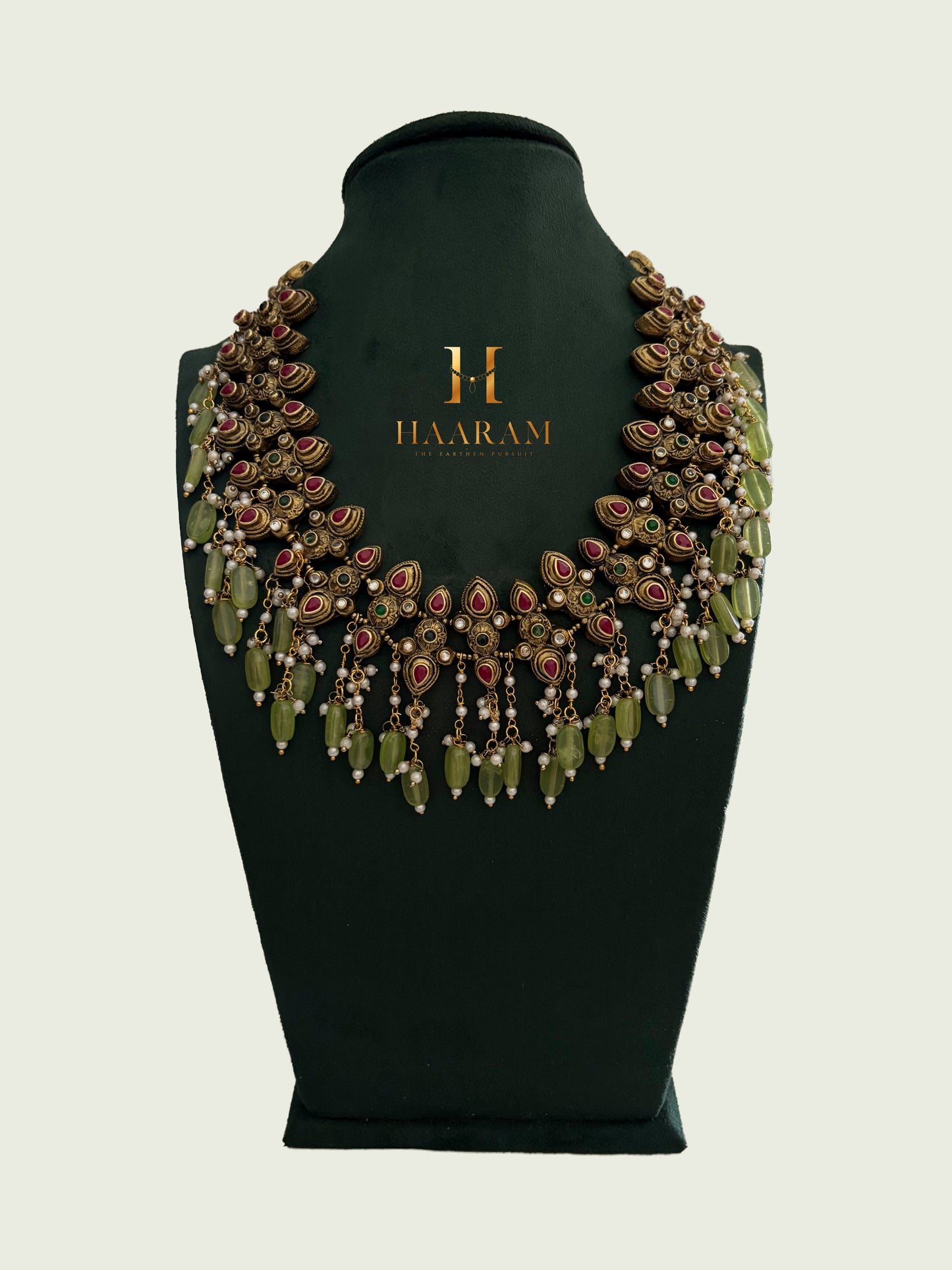 Handmade green bead drop terracotta Necklace necklace with antique gold finish by HaarambyYashh.