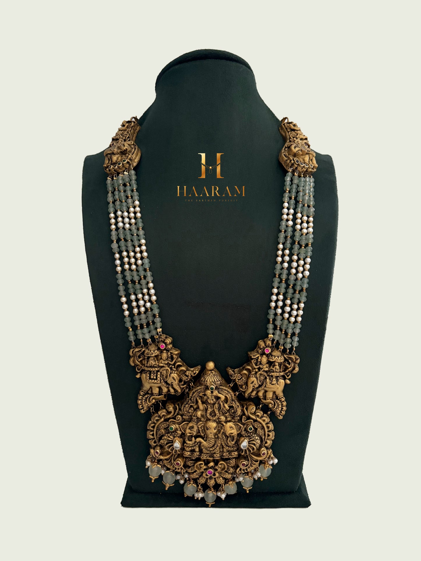 Antique gold temple Elephant terracotta long haram with triple strands of beads by HaarambyYashh