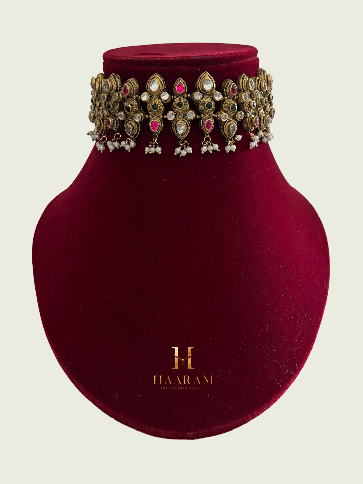 Antique gold terracotta choker with pink stones – HaarambyYashh