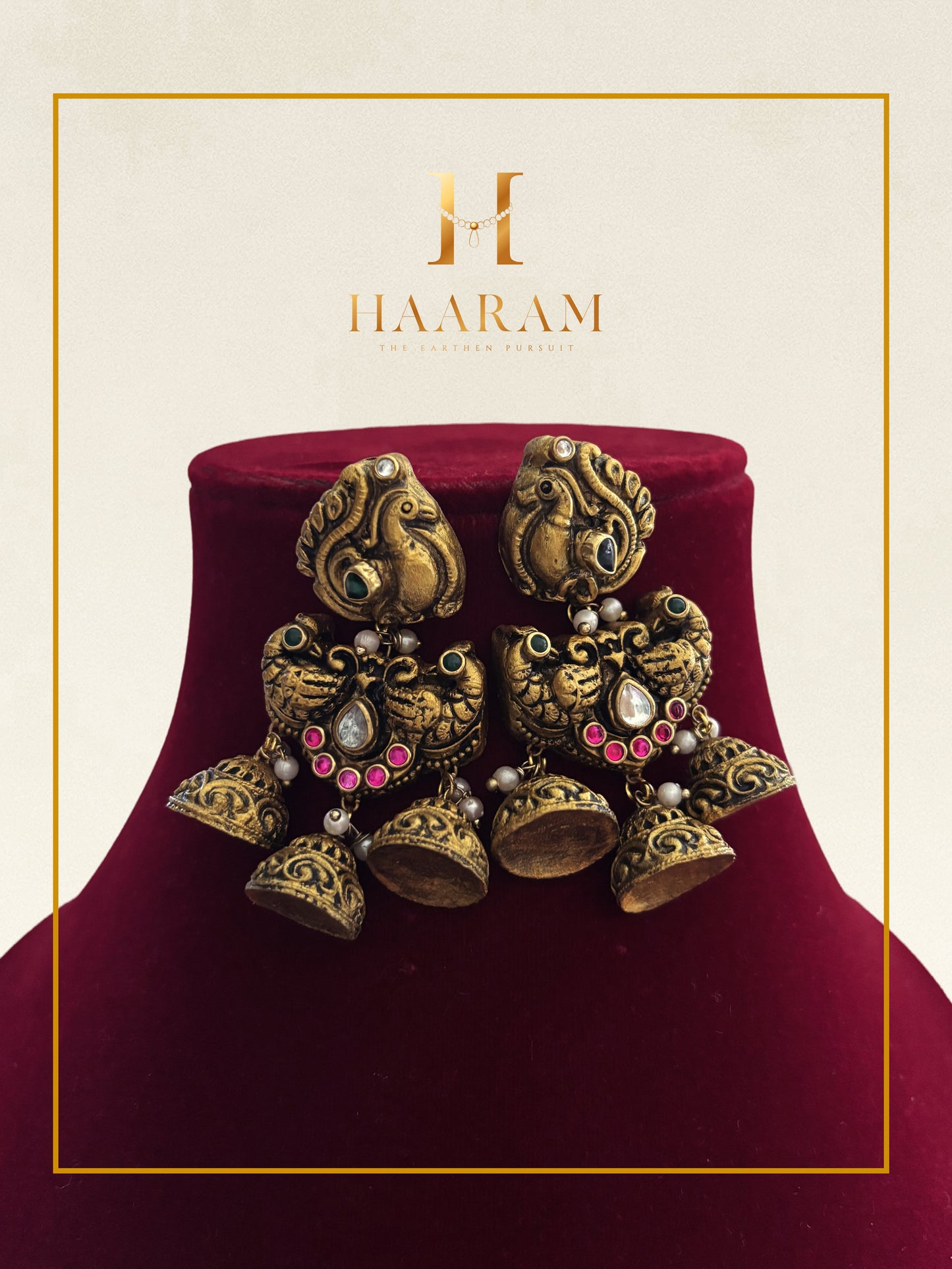 Temple Jhumka Terracotta Earrings in Antique Gold by HaarambyYashh