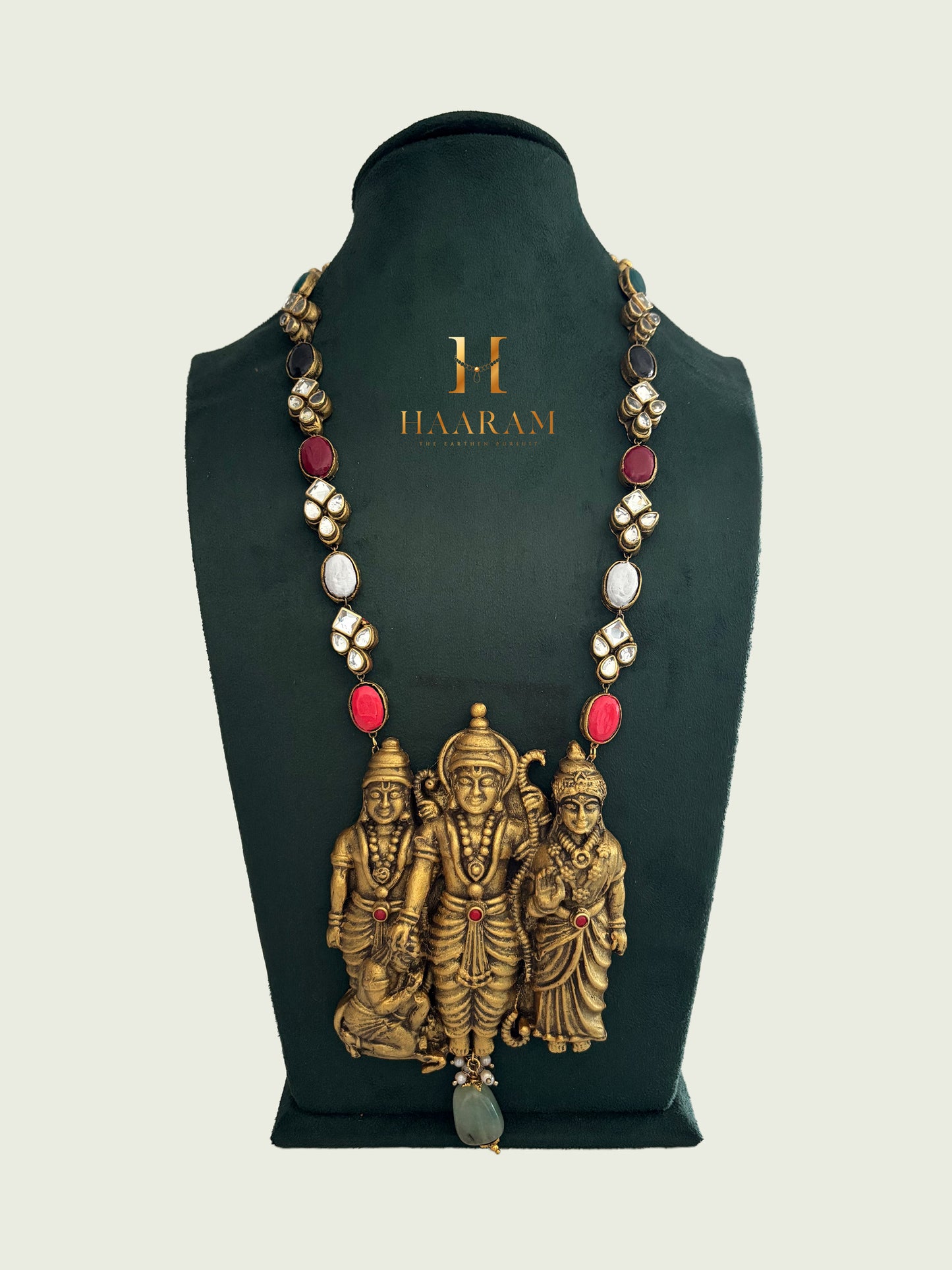 Terracotta temple necklace with Ram Sita Lakshman pendant and red-black beads – HaarambyYashh