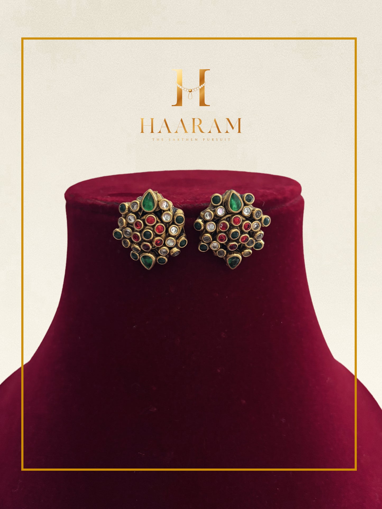 Green and Maroon Floral Terracotta Stud Earrings by HaarambyYashh