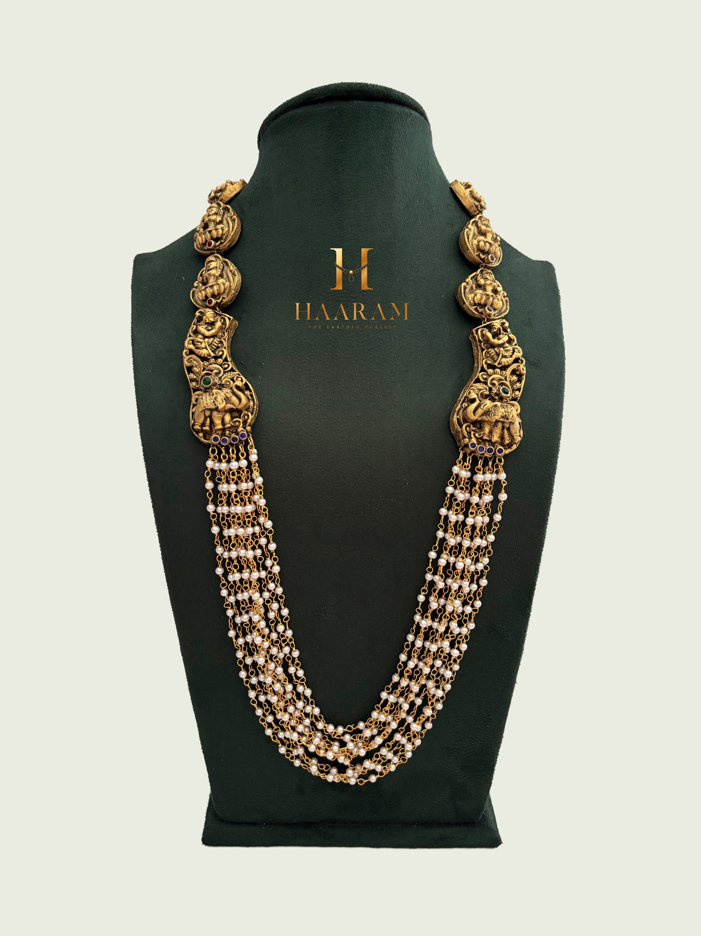 Grand antique Lakshmi terracotta necklace with multiple beaded strands by haarambyyashh