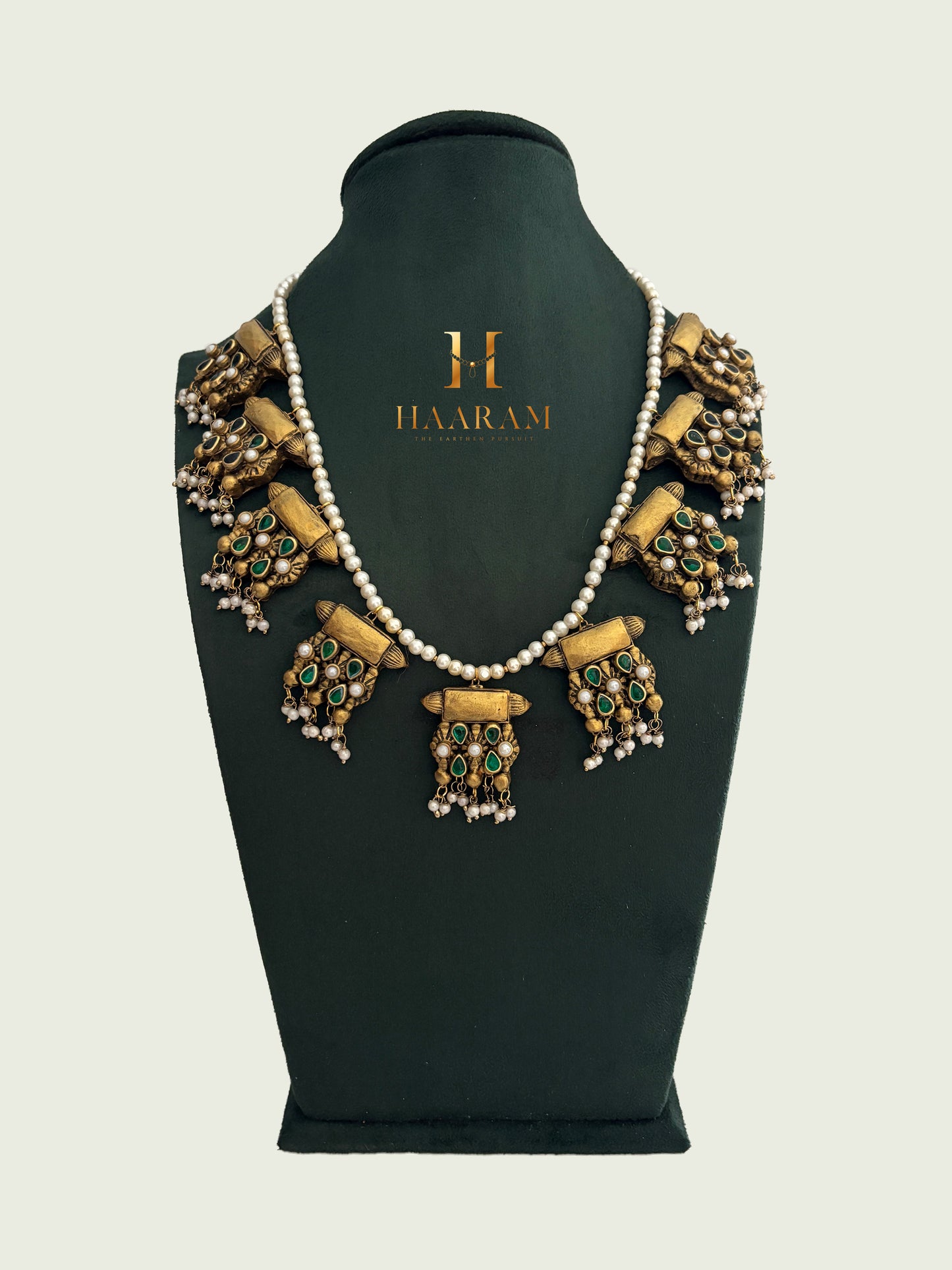 Handcrafted terracotta temple necklace with green stones and pearl danglings