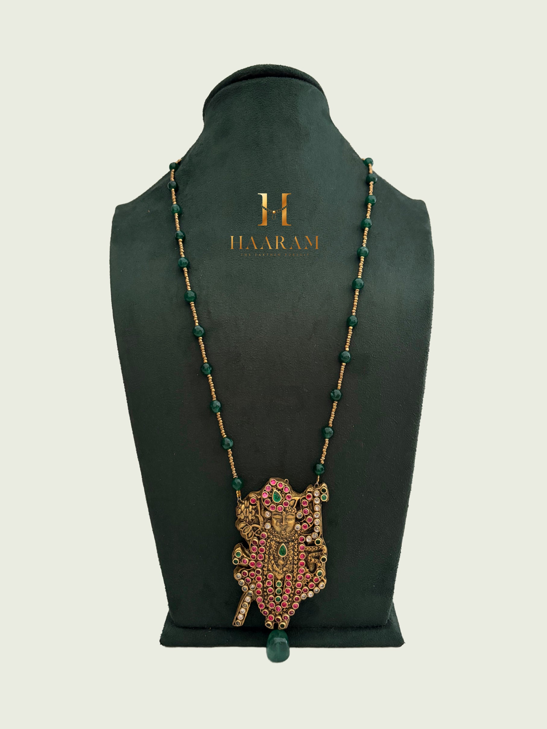 Long terracotta mangalsutra with Green beads and Shreenathji pendant
