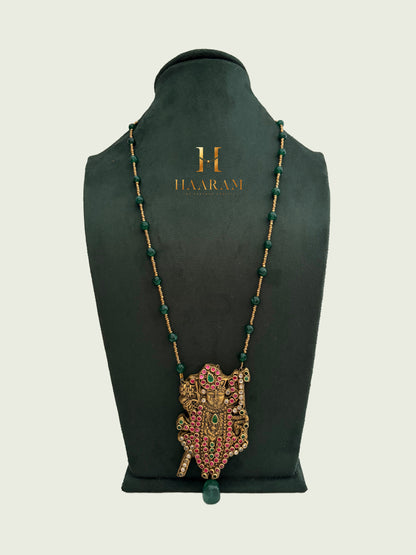 Long terracotta mangalsutra with Green beads and Shreenathji pendant