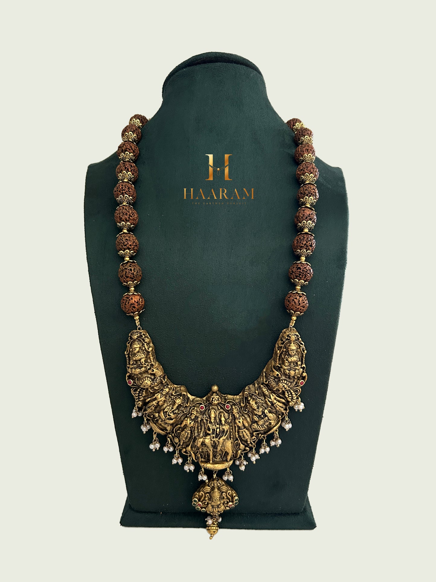 Temple-style Lakshmi terracotta necklace with Rudraksha beads – handcrafted ethnic jewellery by Haarambyyashh