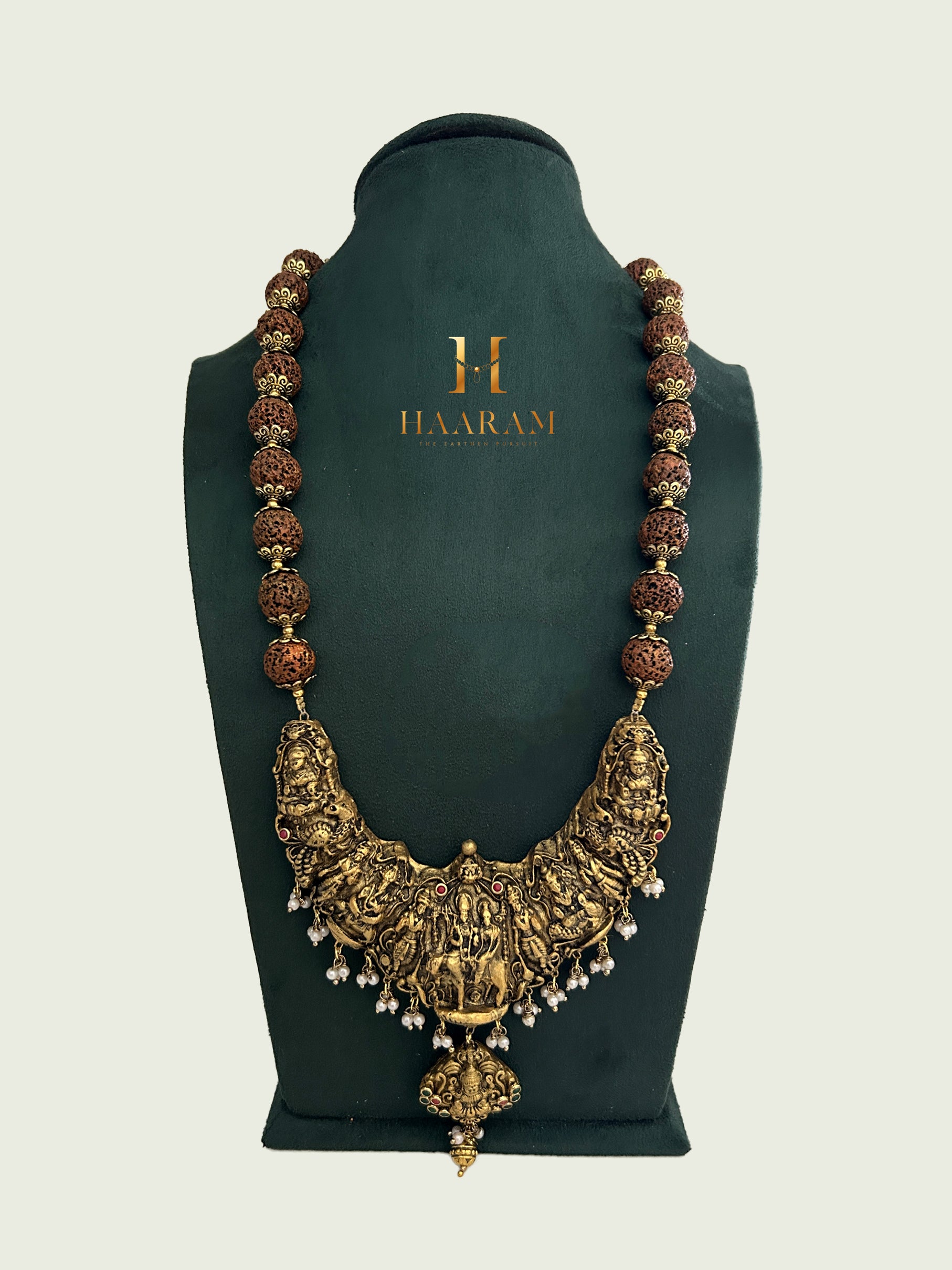 Temple-style Lakshmi terracotta necklace with Rudraksha beads – handcrafted ethnic jewellery by Haarambyyashh