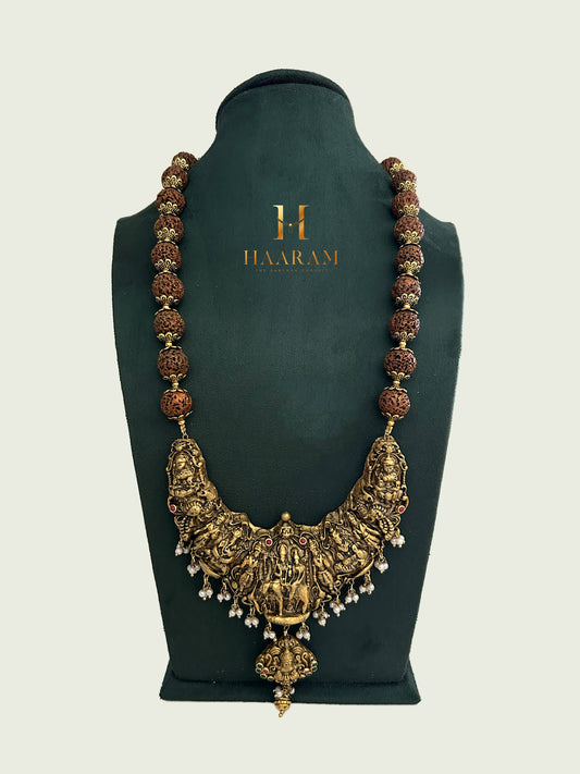 Temple-style Lakshmi terracotta necklace with Rudraksha beads – handcrafted ethnic jewellery by Haarambyyashh