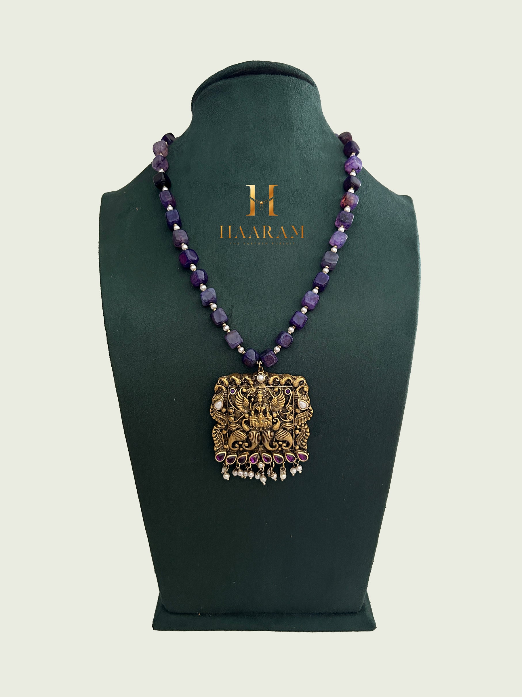 Handcrafted Lakshmi terracotta necklace with antique gold pendant and amethyst beads – Haarambyyashh