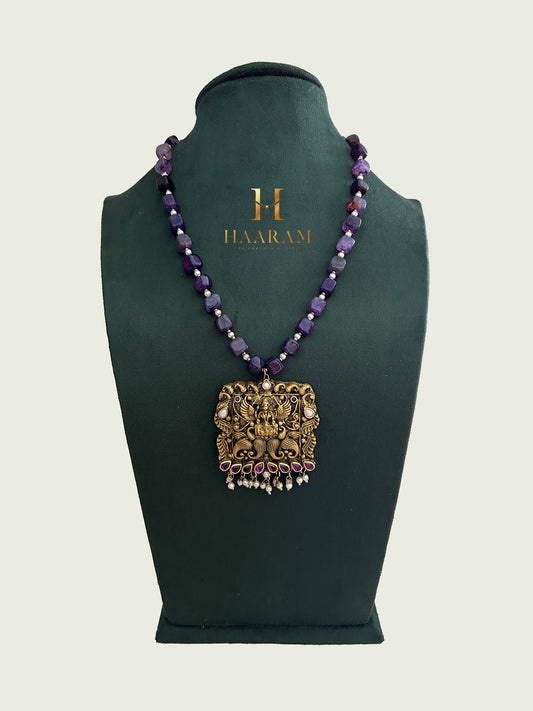 Handcrafted Lakshmi terracotta necklace with antique gold pendant and amethyst beads – Haarambyyashh