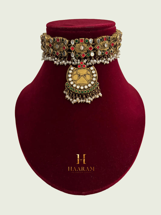 Antique gold terracotta choker with red and green stones – HaarambyYashh