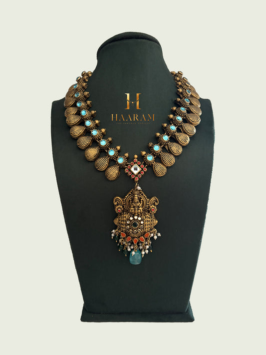 Lakshmi temple terracotta necklace with blue stones and antique mango motif design