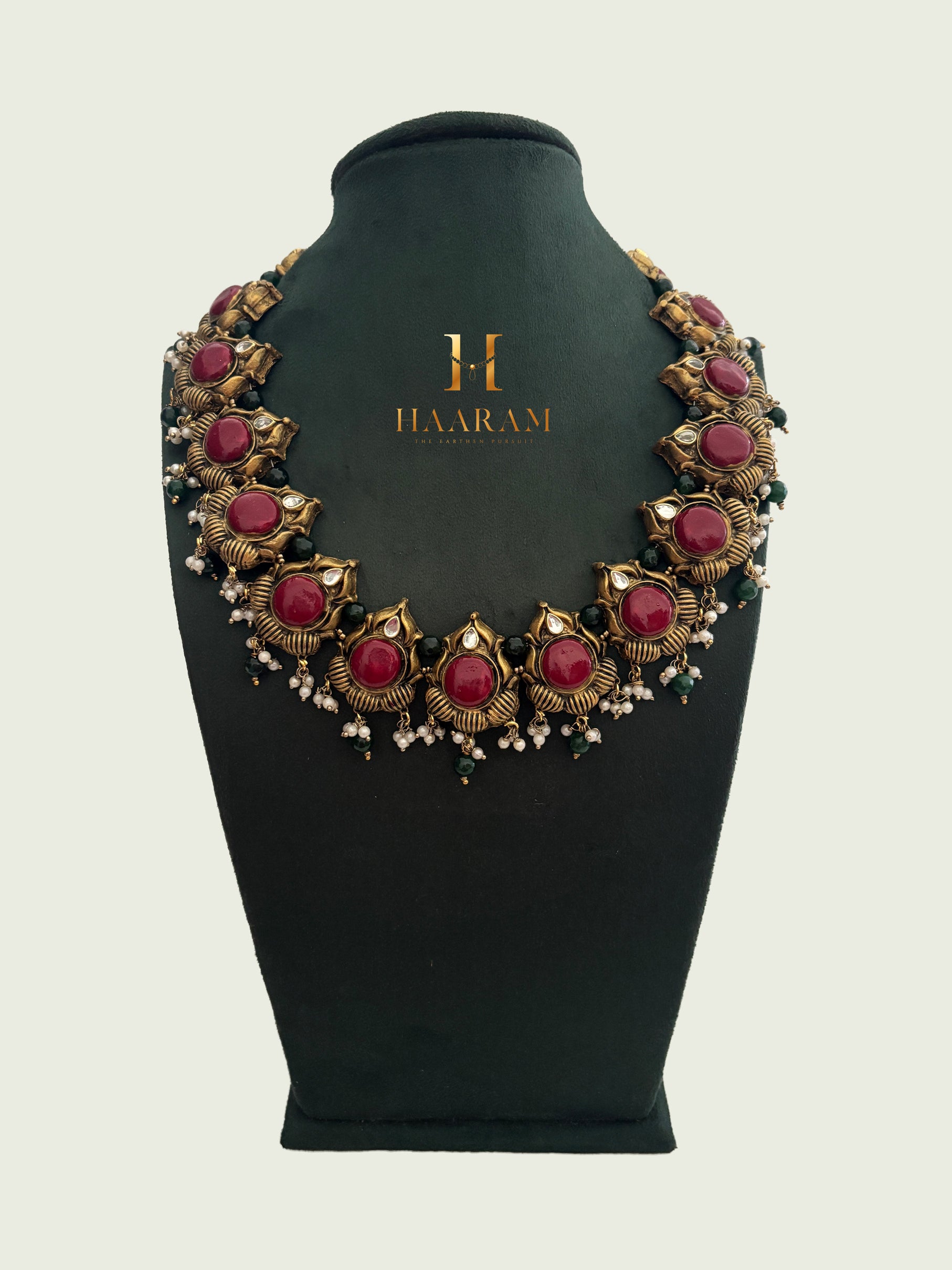 Heavy temple design terracotta necklace for bridal saree look