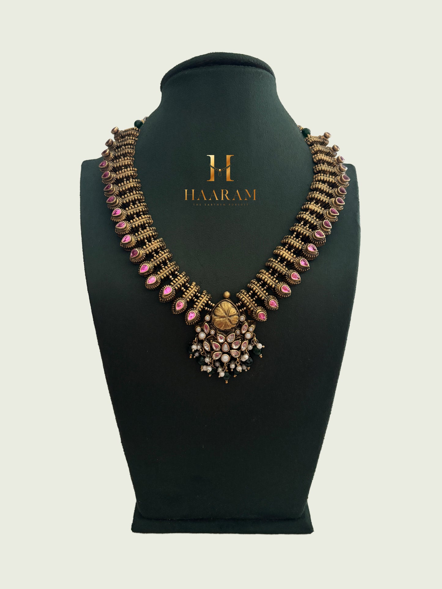 Long pendant style terracotta necklace with traditional stone work