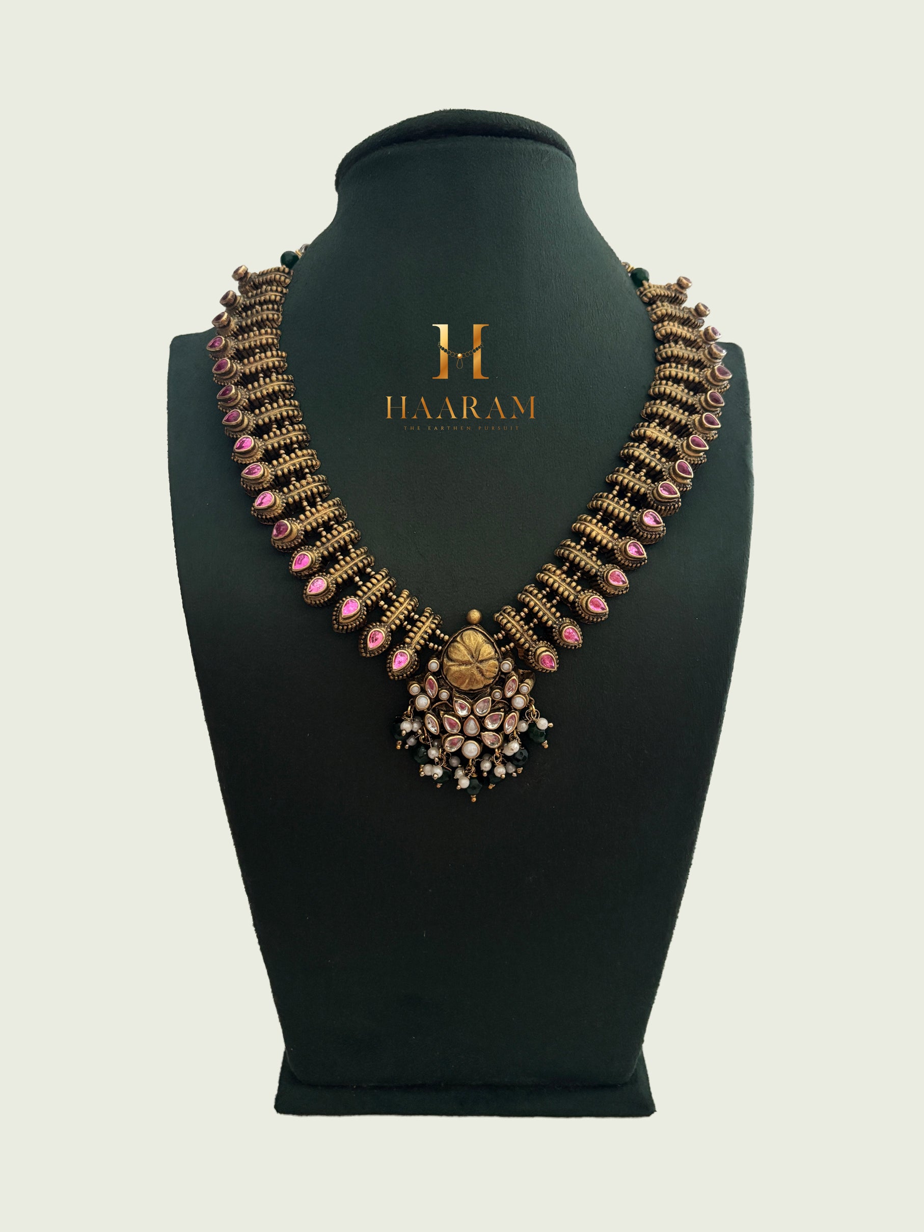 Long pendant style terracotta necklace with traditional stone work