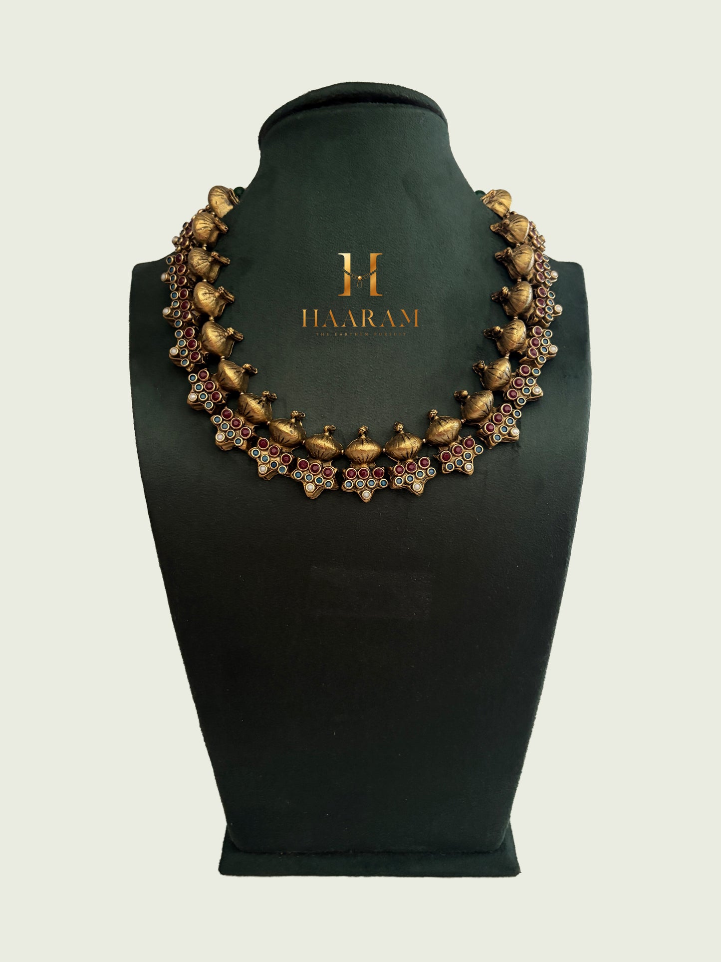 Traditional terracotta necklace with maroon and blue stone detailing