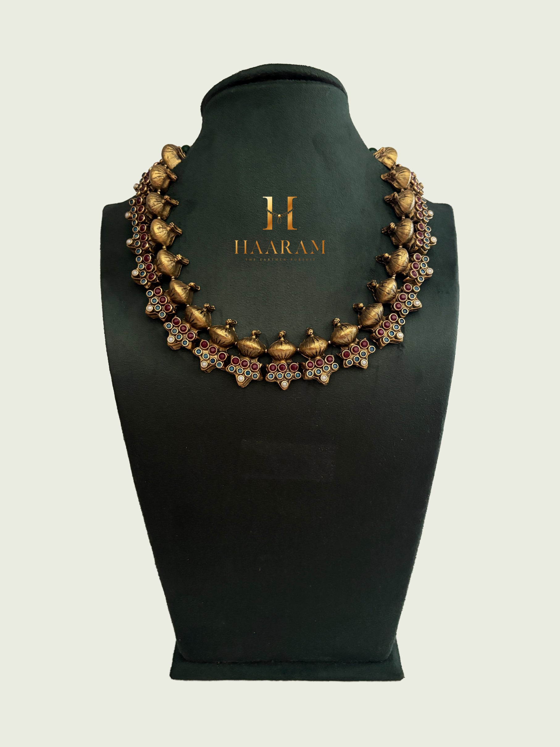 Traditional terracotta necklace with maroon and blue stone detailing