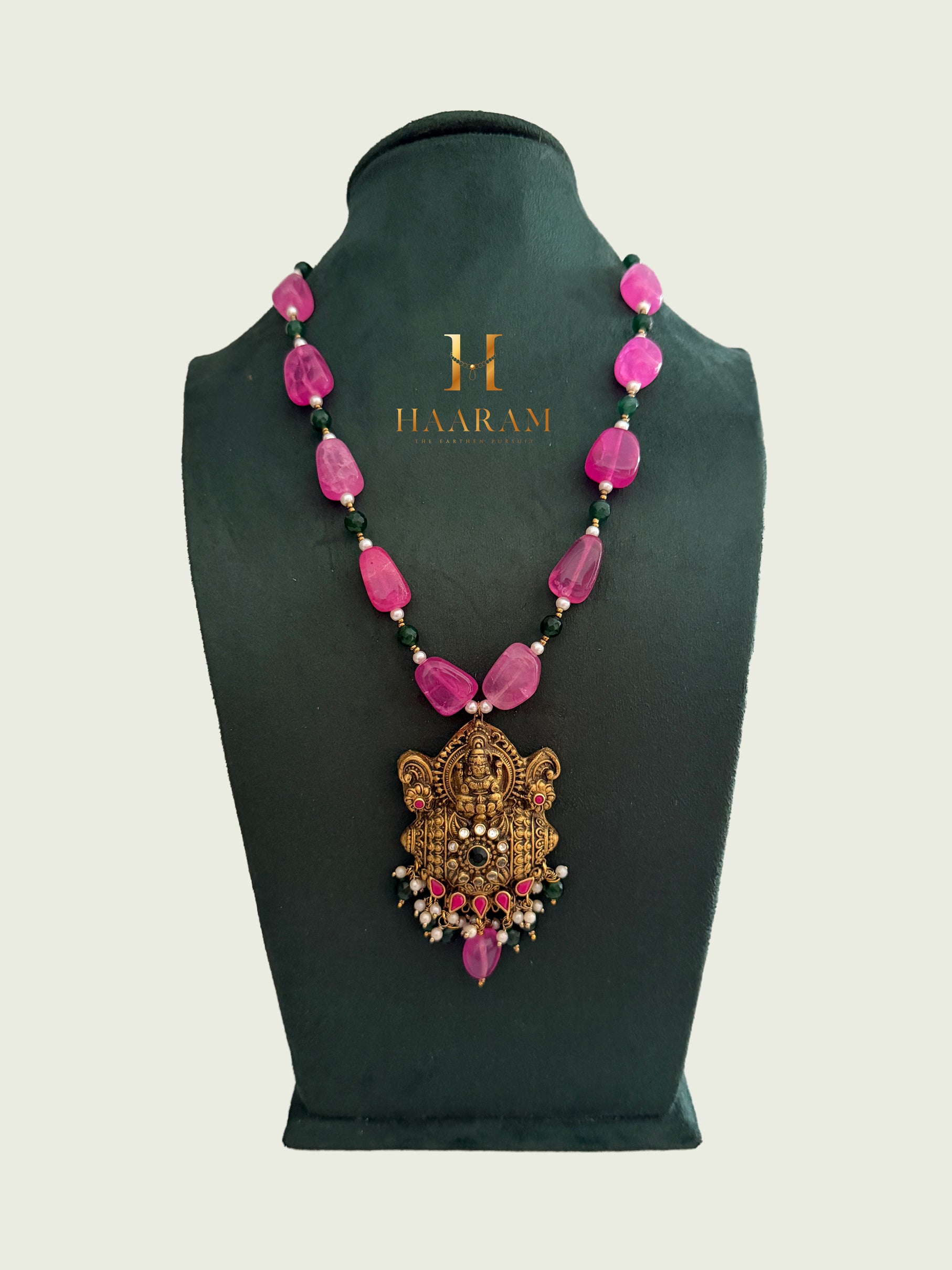 bead terracotta necklace with Lakshmi temple pendant and pearl accents