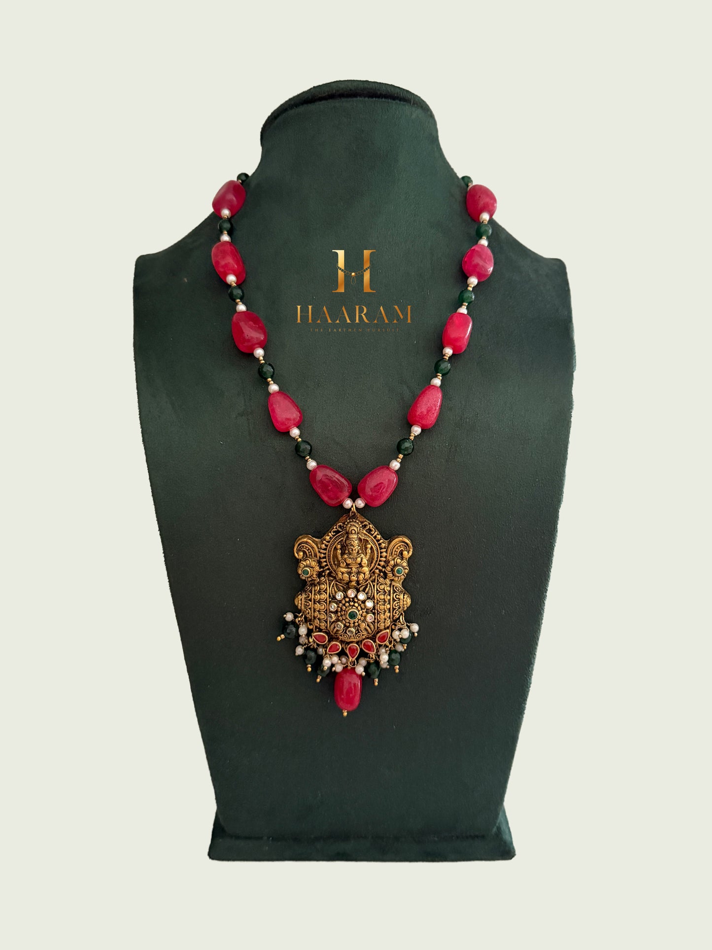 bead terracotta necklace with Lakshmi temple pendant and pearl accents