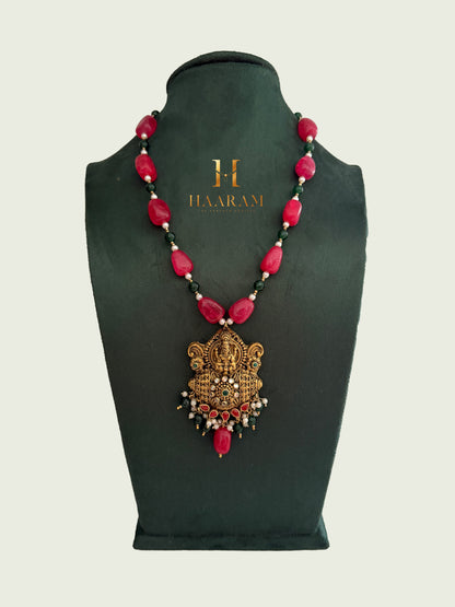 bead terracotta necklace with Lakshmi temple pendant and pearl accents