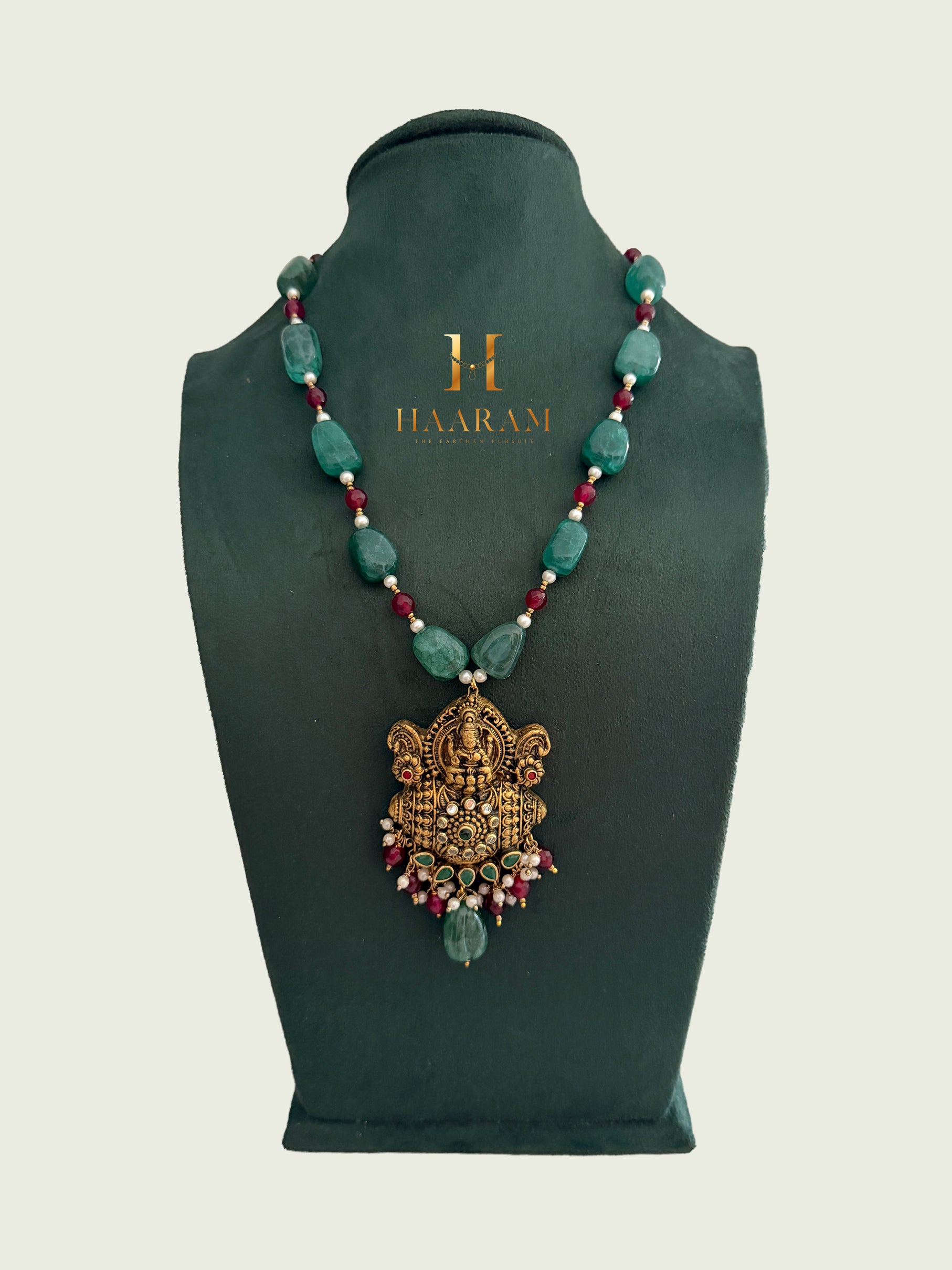 bead terracotta necklace with Lakshmi temple pendant and pearl accents