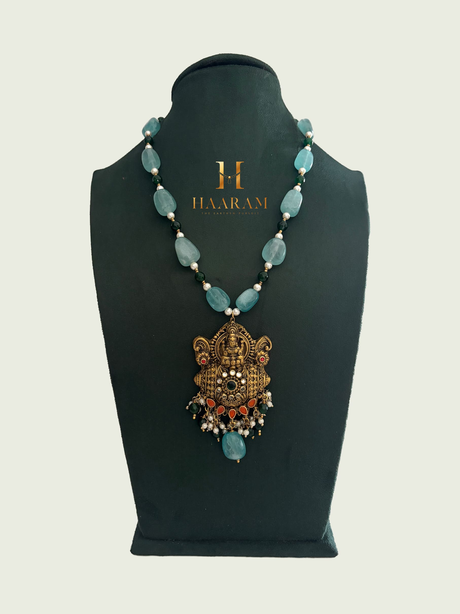 Aqua blue bead terracotta necklace with Lakshmi temple pendant and pearl accents