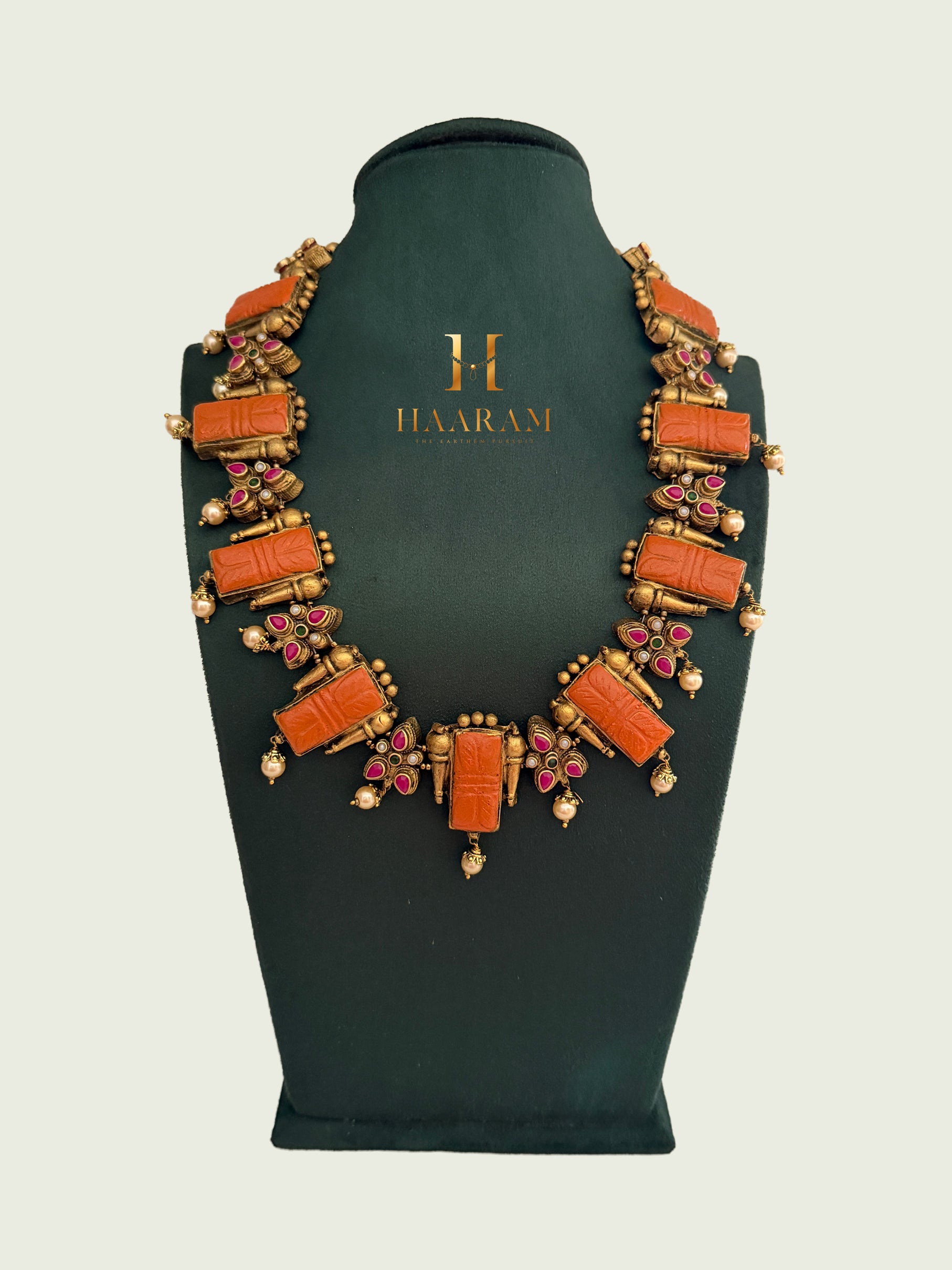 Handmade rectangular terracotta necklace with ruby stone accents and antique finish