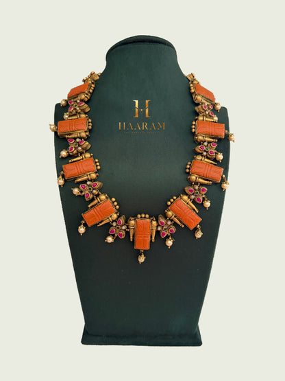Handmade rectangular terracotta necklace with ruby stone accents and antique finish