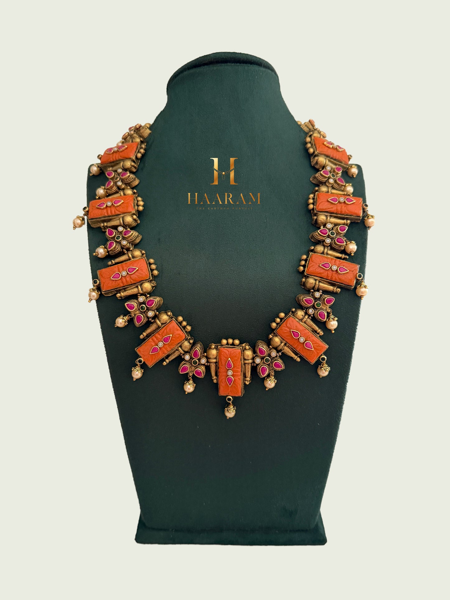 Handmade rectangular terracotta necklace with ruby stone accents and antique finish