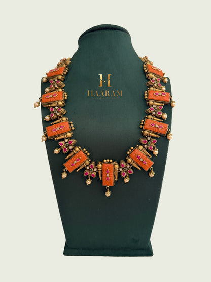 Handmade rectangular terracotta necklace with ruby stone accents and antique finish