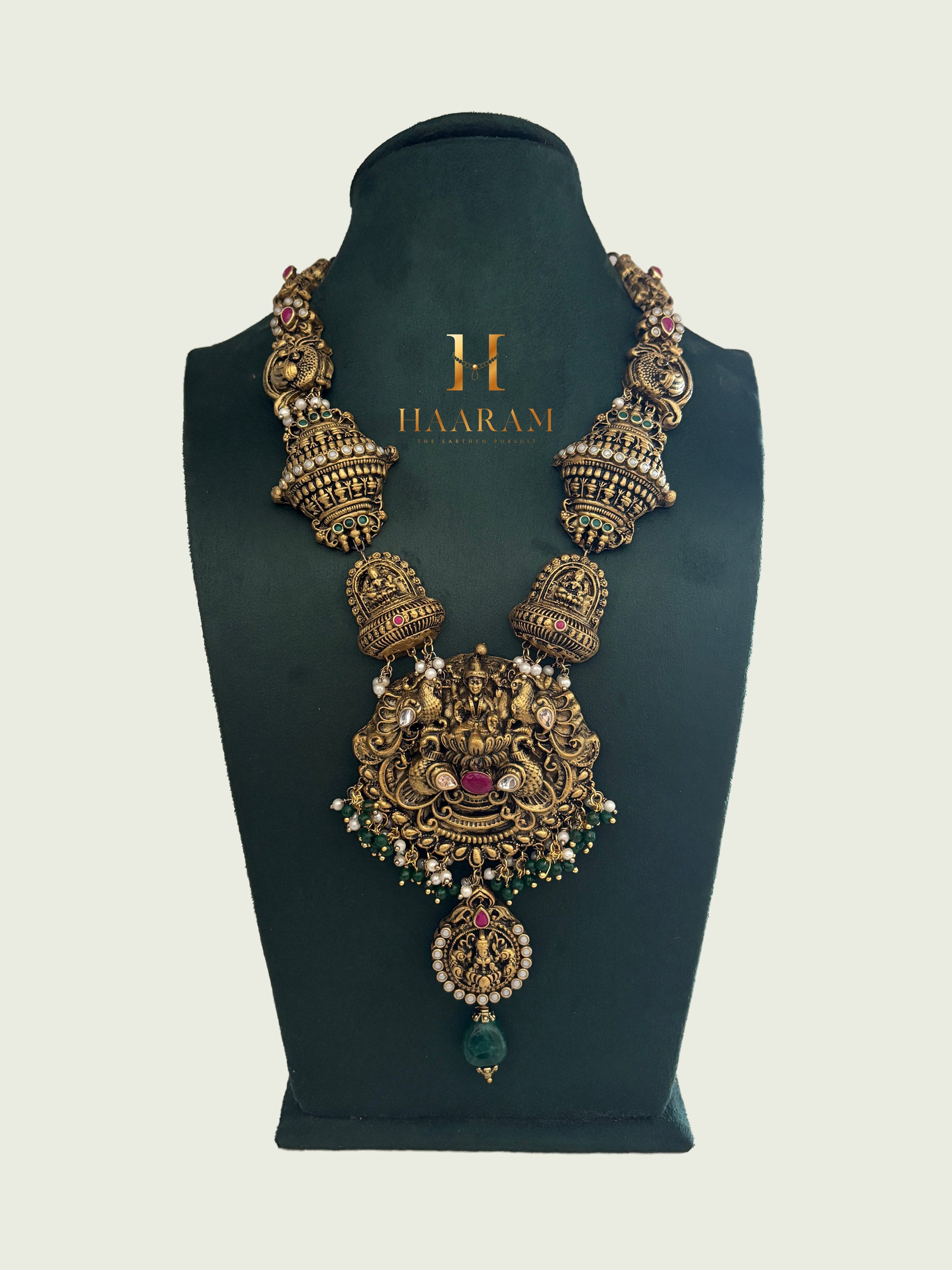 Grand temple terracotta necklace with peacock pendant and antique gold finish