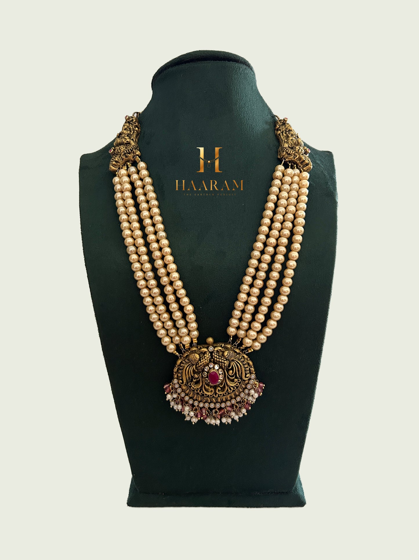 Pearl layer terracotta necklace with Lakshmi pendant and antique finish