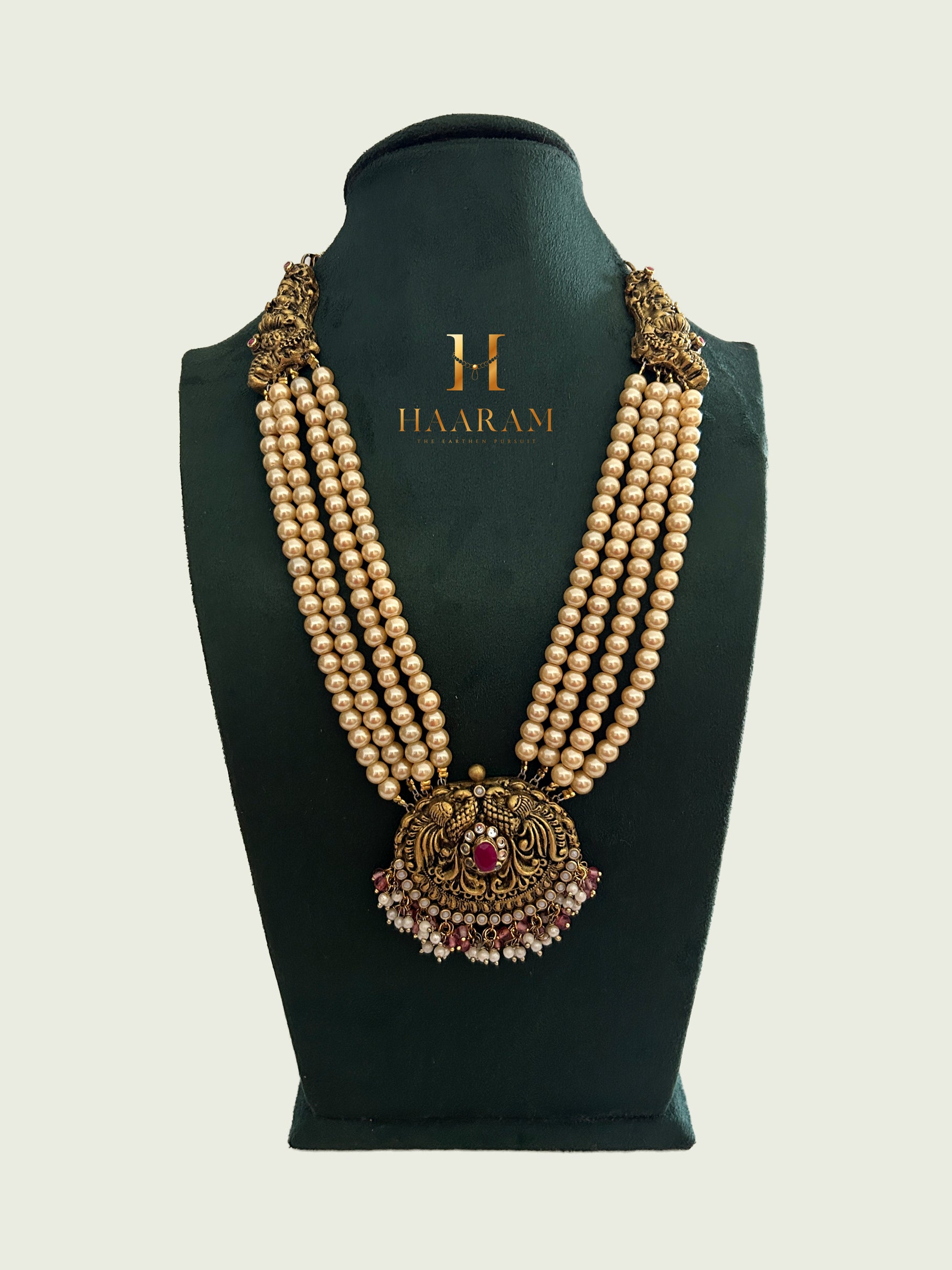 Pearl layer terracotta necklace with Lakshmi pendant and antique finish