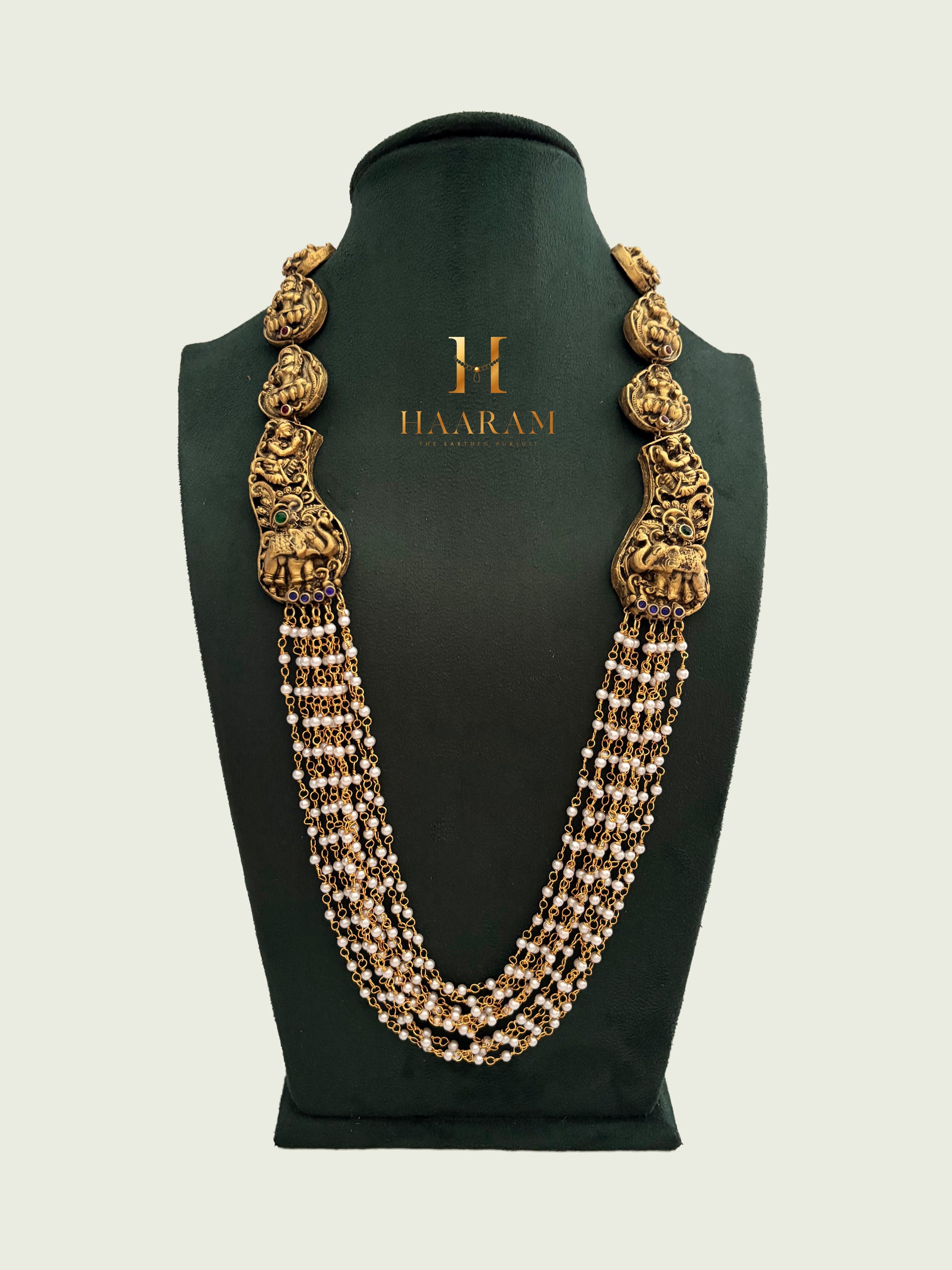 Grand antique Lakshmi terracotta necklace with multiple beaded strands by haarambyyashh